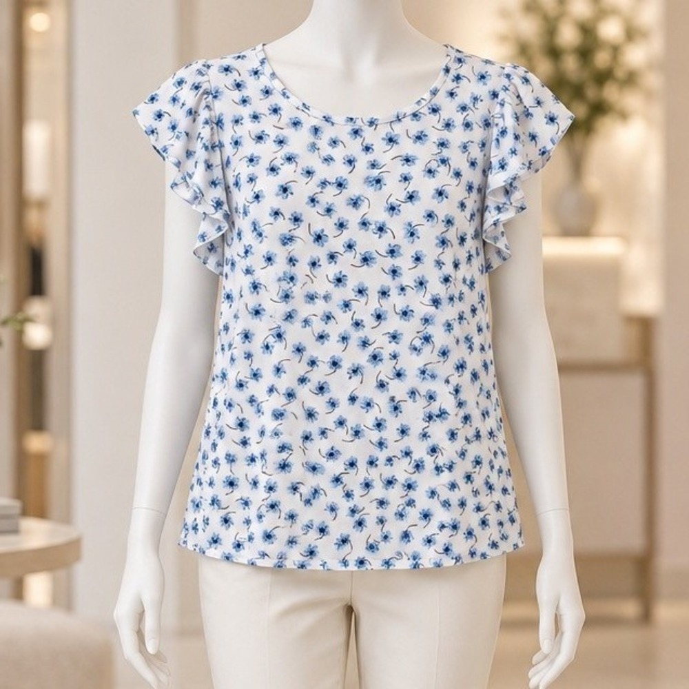 CeCe Womens Blouse White Blue Floral Ruffle Flutter Sleeve XS